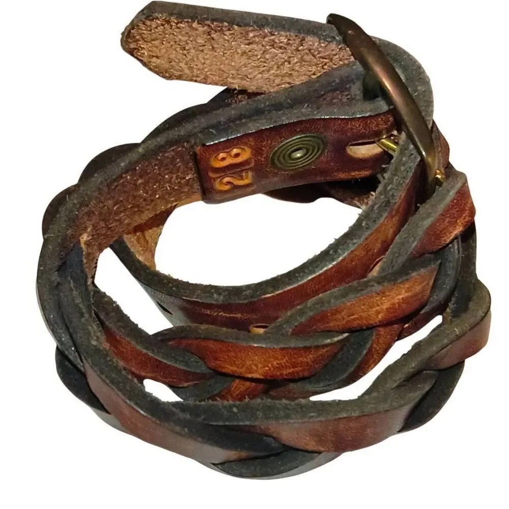 Bohemian Bojo Woven Leather Belt Brown Classic Vintage aged brass Size 28 Plait